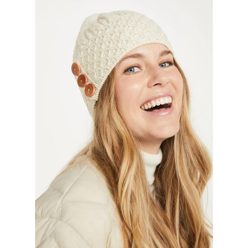 100% Merino Wool Bobble Hat With Three Wooden Buttons Design  Natural Colour
